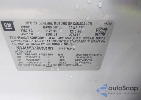 2012 GMC Terrain Sle-1 z USA, uszkodzony, nr VIN 2GKALMEK1C6353781